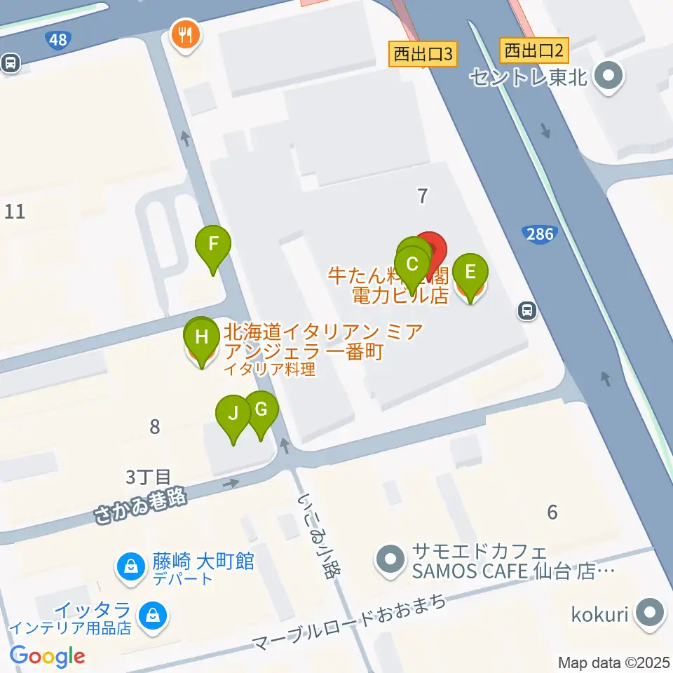 仙台電力ホール周辺のファミレス・ファーストフード一覧地図