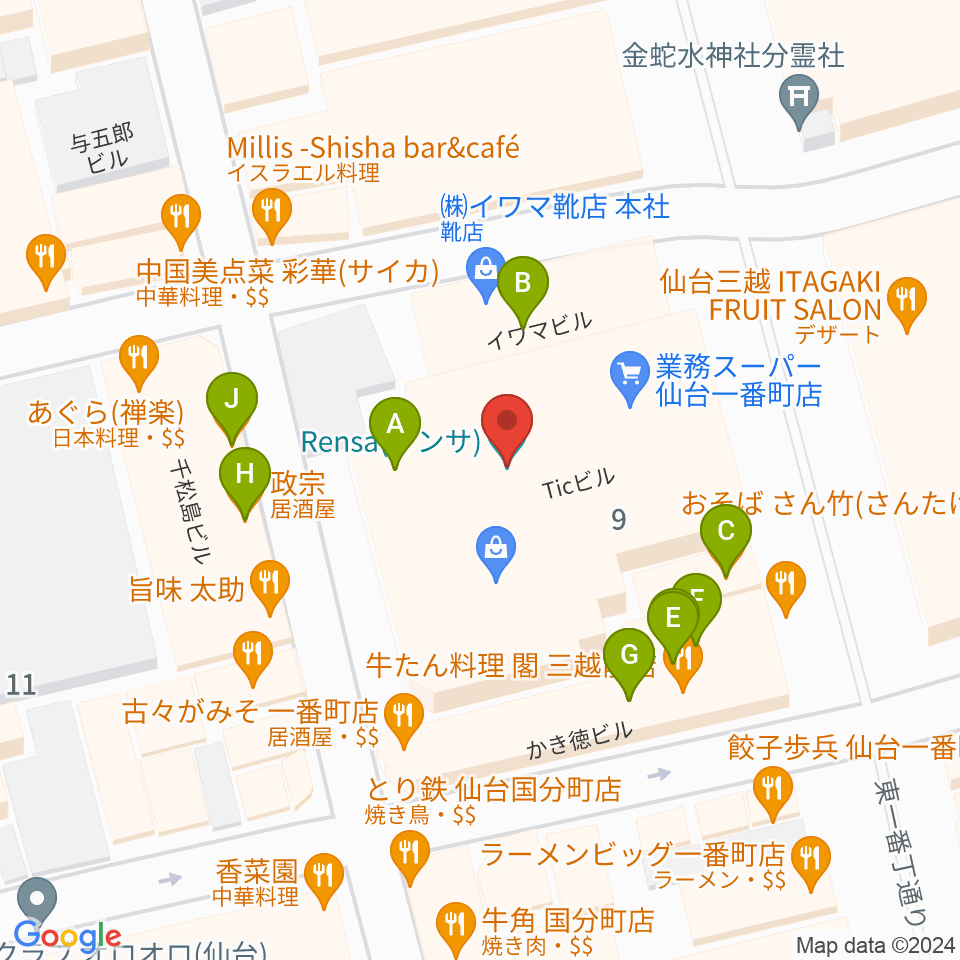 仙台Rensa周辺のファミレス・ファーストフード一覧地図