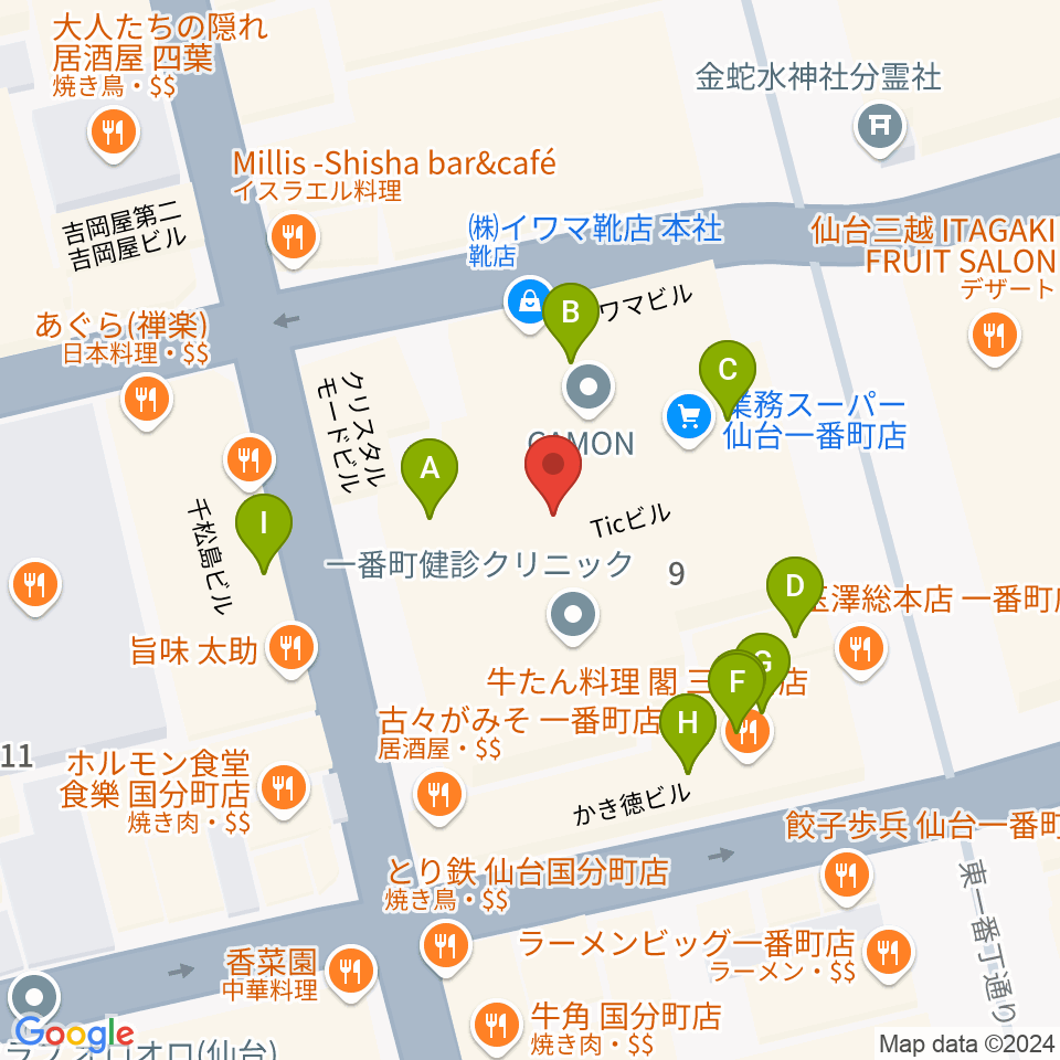 仙台Rensa周辺のファミレス・ファーストフード一覧地図