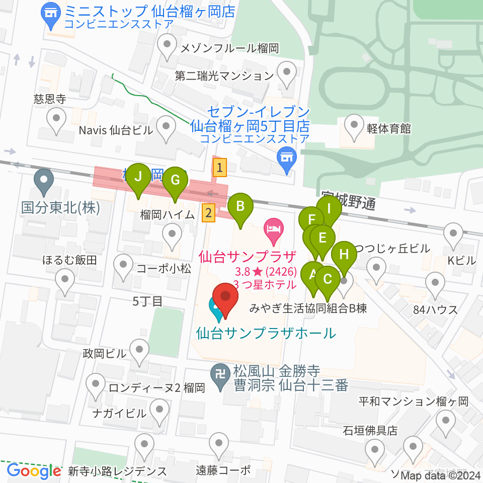 仙台サンプラザホール周辺のファミレス・ファーストフード一覧地図