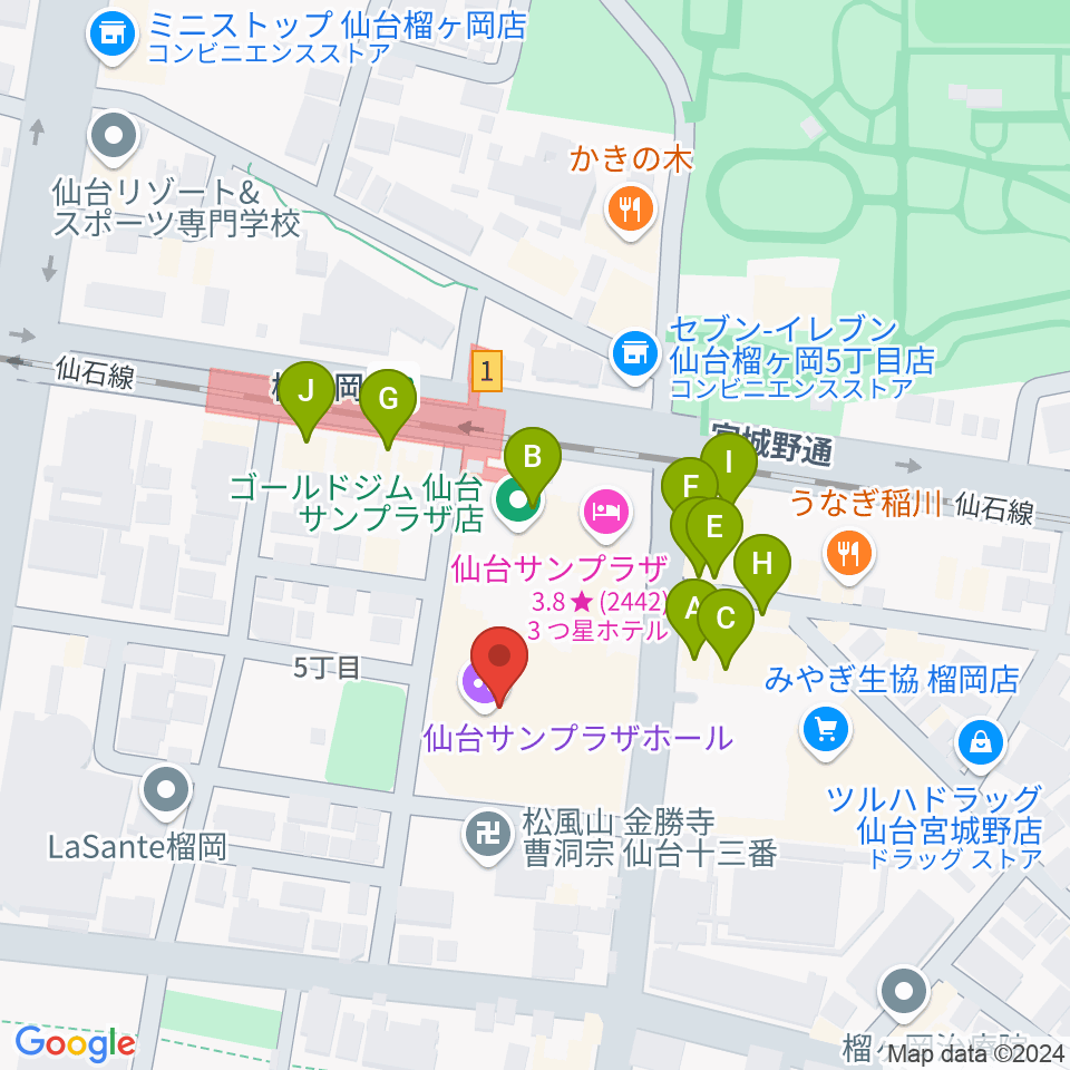 仙台サンプラザホール周辺のファミレス・ファーストフード一覧地図