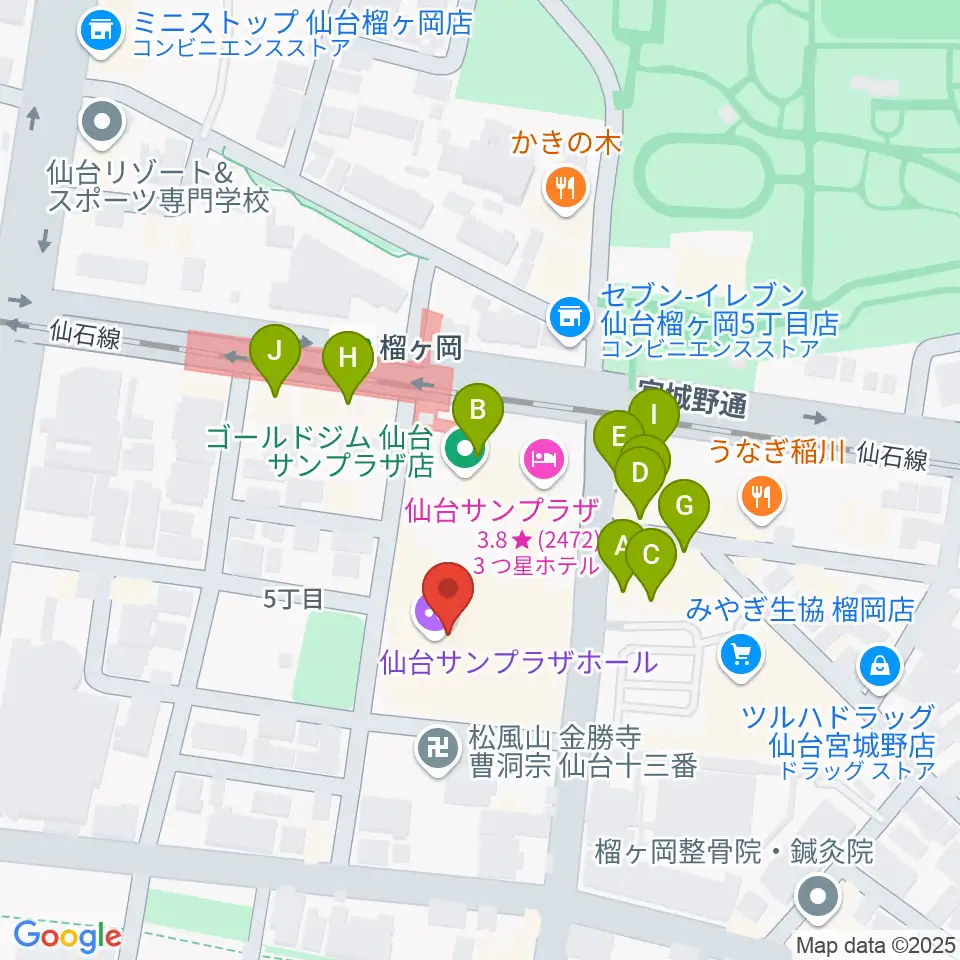 仙台サンプラザホール周辺のファミレス・ファーストフード一覧地図