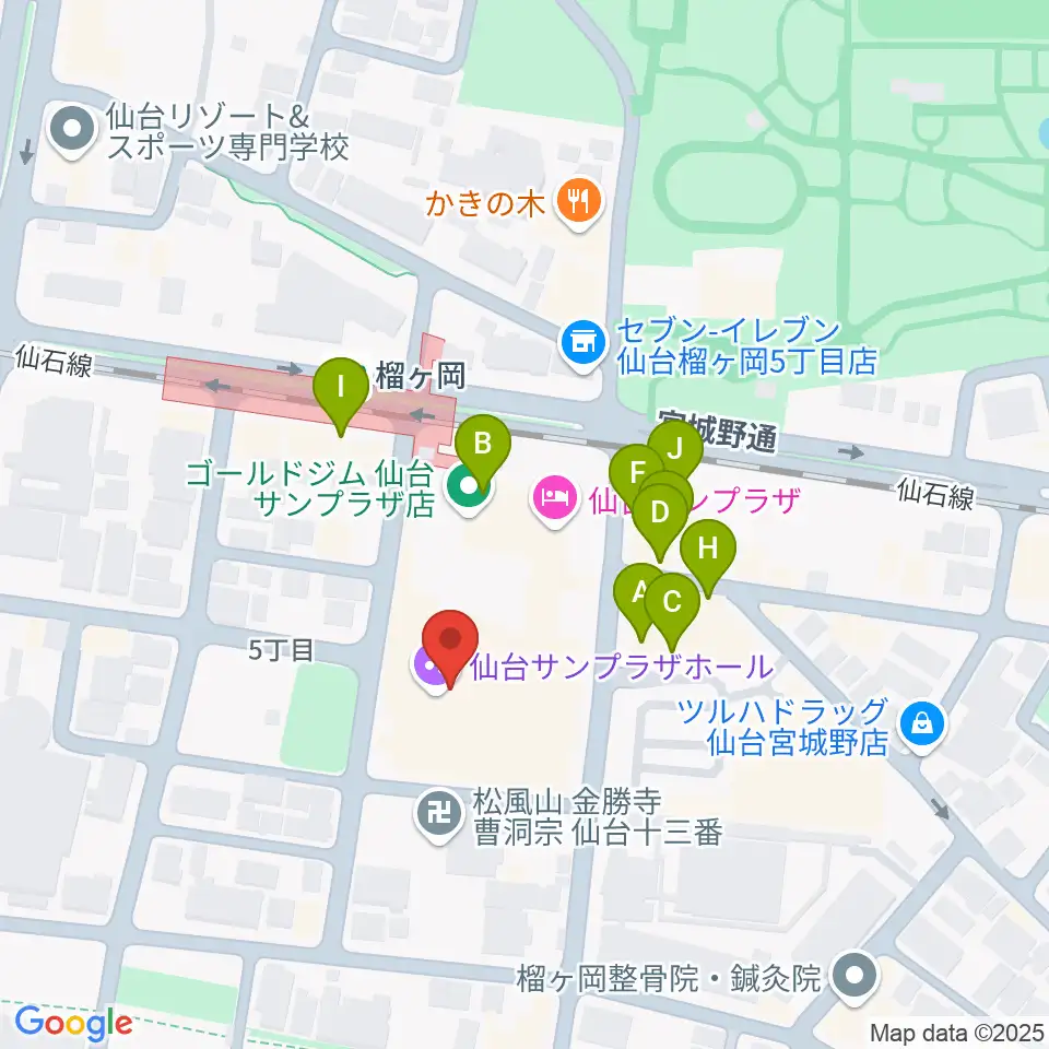 仙台サンプラザホール周辺のファミレス・ファーストフード一覧地図