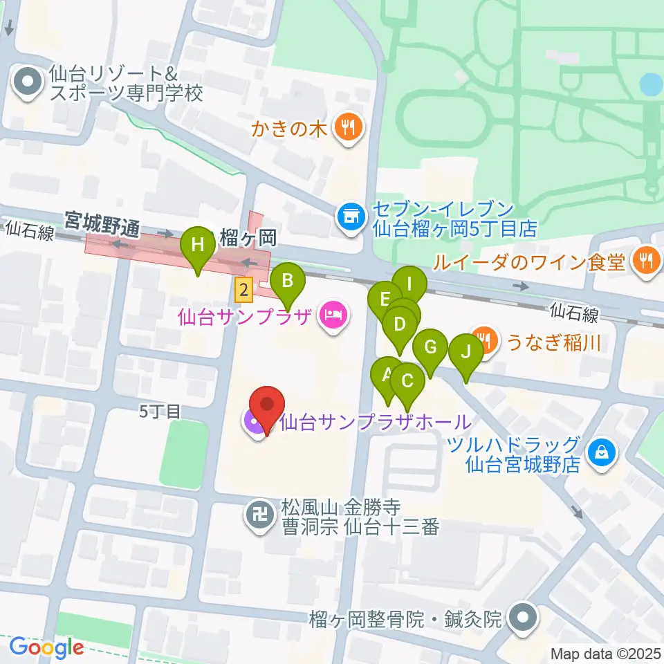 仙台サンプラザホール周辺のファミレス・ファーストフード一覧地図