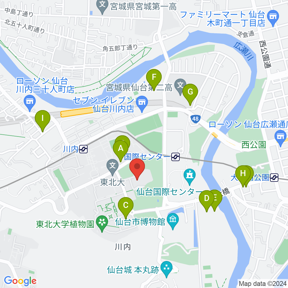 東北大学百周年記念会館 川内萩ホール周辺のファミレス・ファーストフード一覧地図