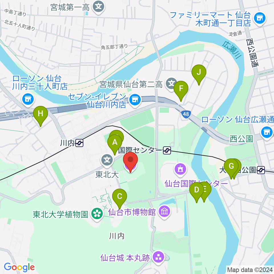 東北大学百周年記念会館 川内萩ホール周辺のファミレス・ファーストフード一覧地図