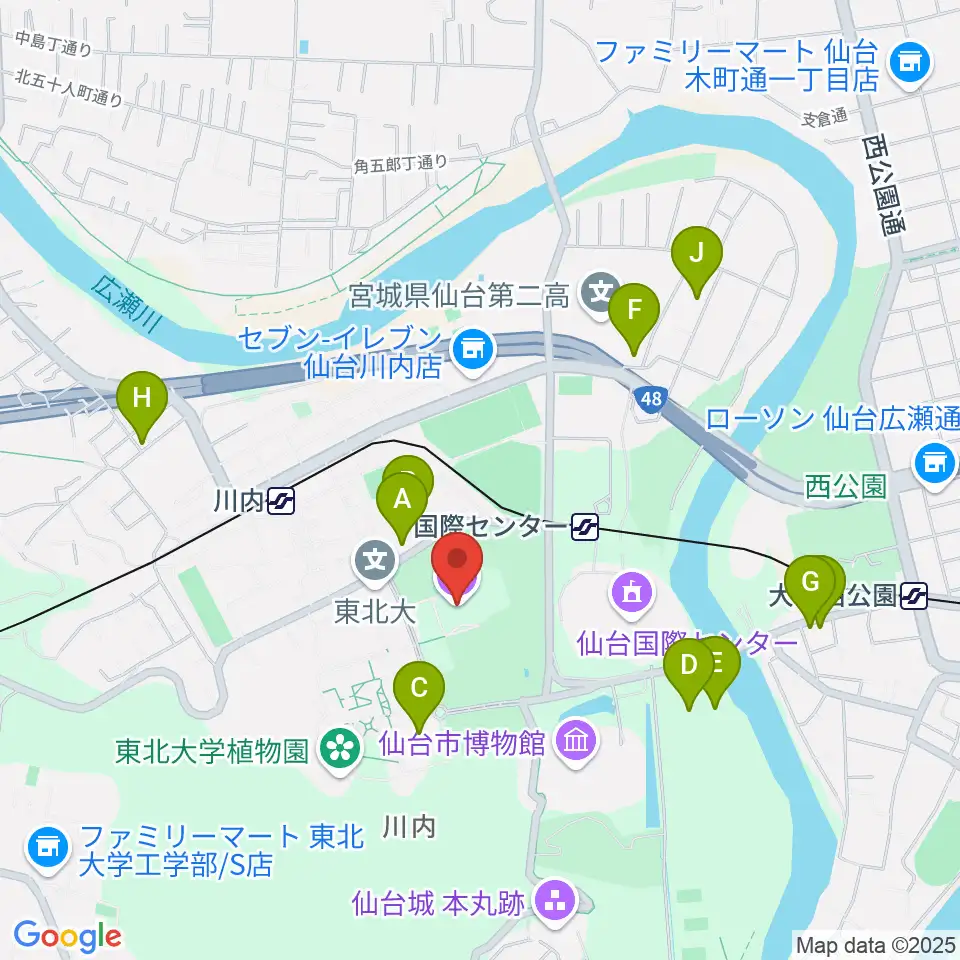 東北大学百周年記念会館 川内萩ホール周辺のファミレス・ファーストフード一覧地図