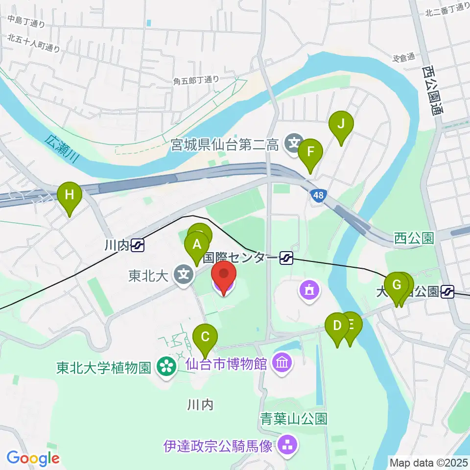 東北大学百周年記念会館 川内萩ホール周辺のファミレス・ファーストフード一覧地図