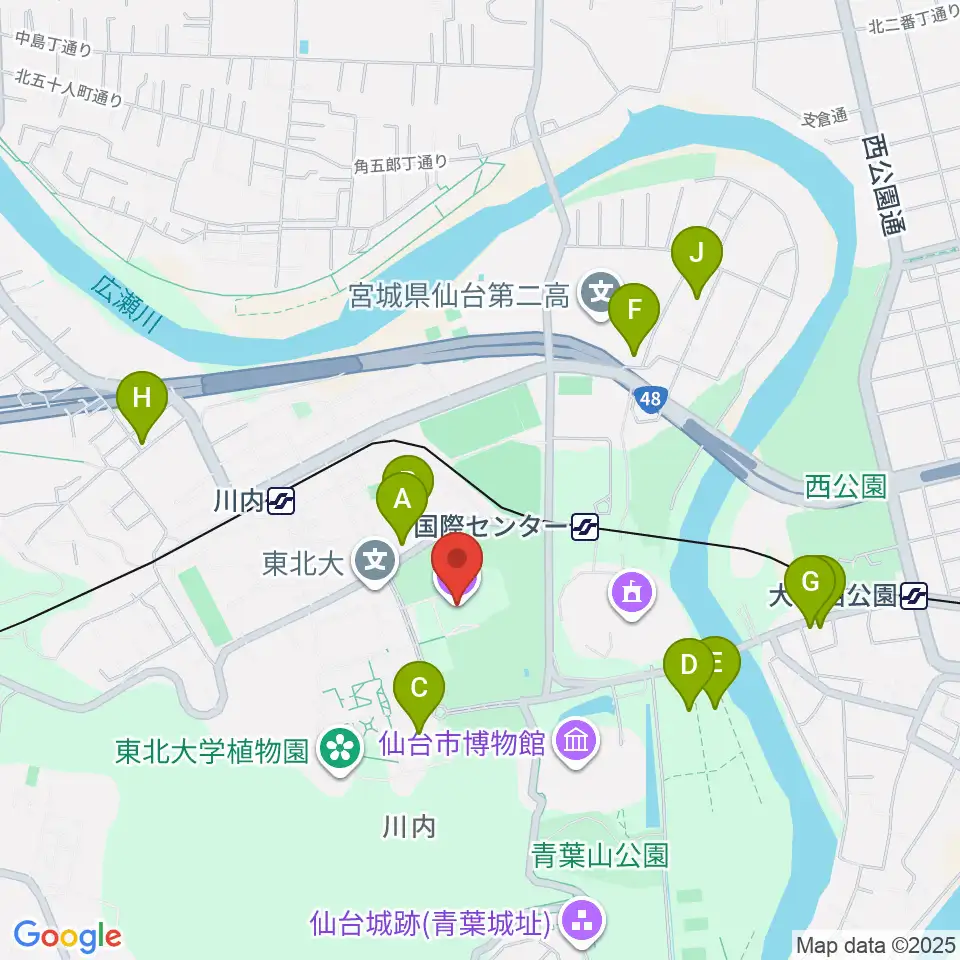 東北大学百周年記念会館 川内萩ホール周辺のファミレス・ファーストフード一覧地図