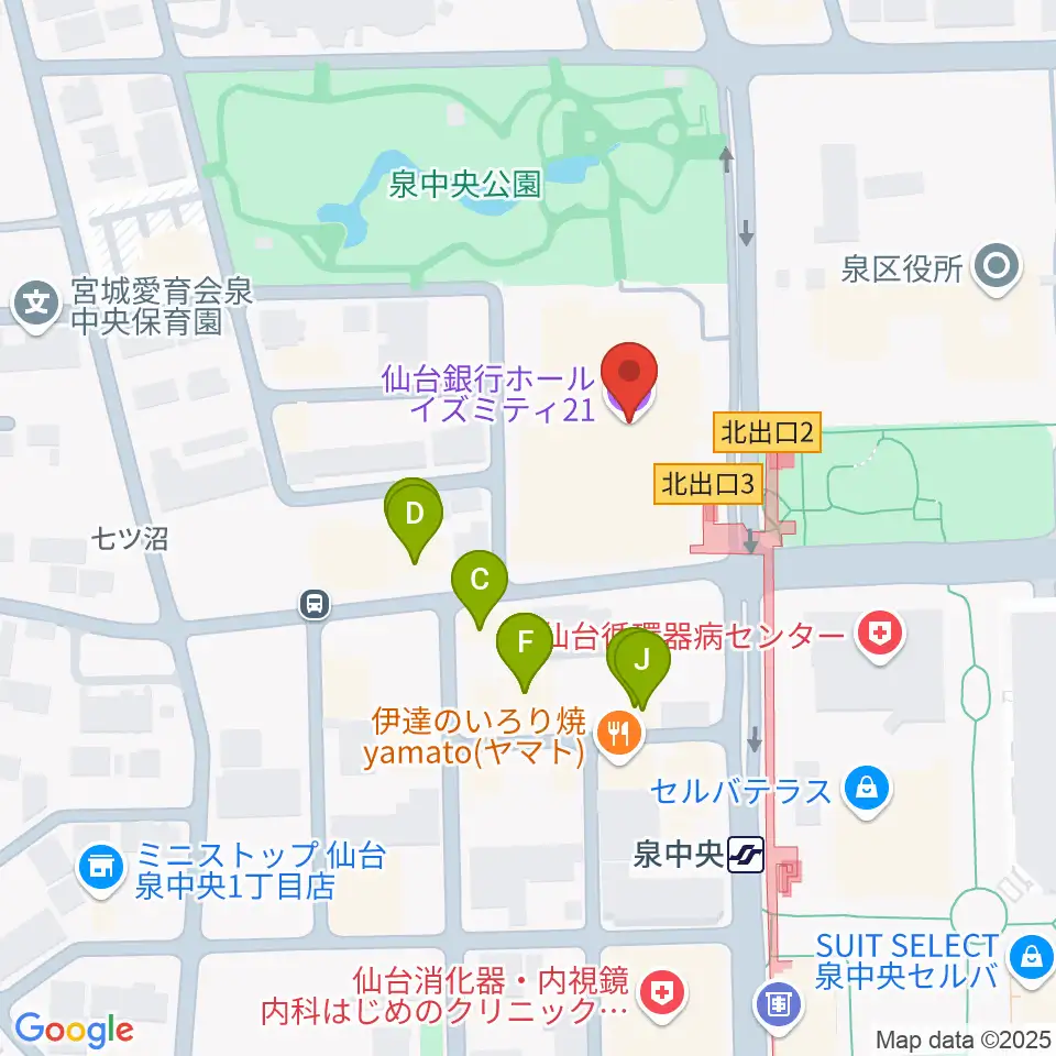 仙台銀行ホール イズミティ21周辺のファミレス・ファーストフード一覧地図