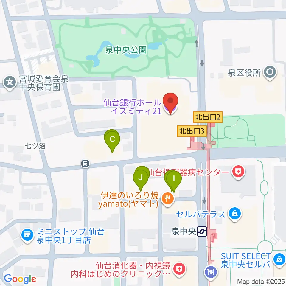 仙台銀行ホール イズミティ21周辺のファミレス・ファーストフード一覧地図