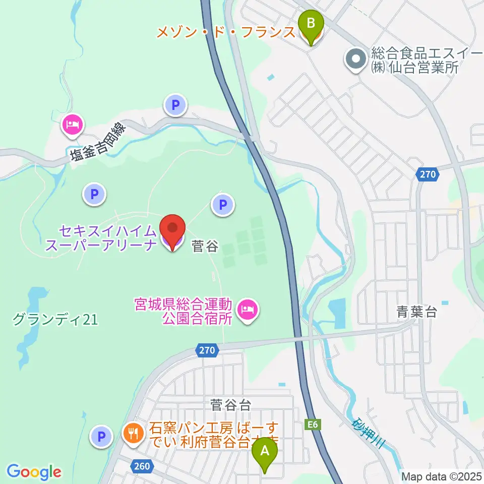 セキスイハイムスーパーアリーナ周辺のファミレス・ファーストフード一覧地図