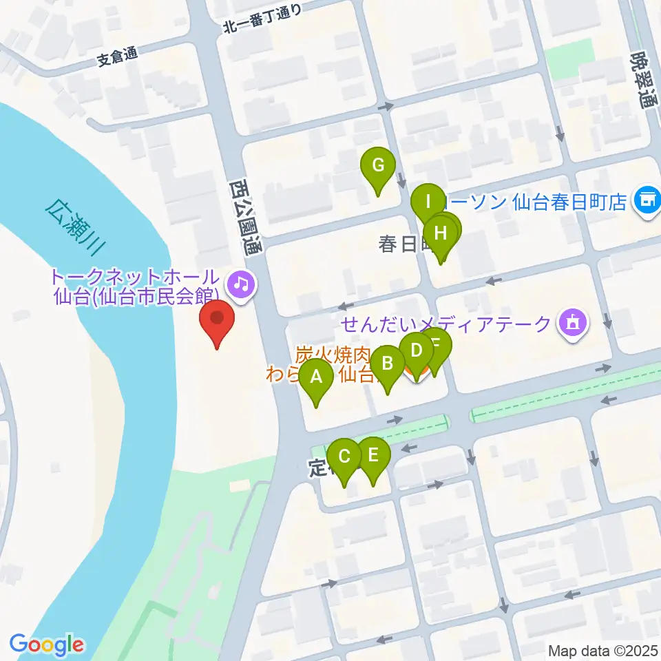 トークネットホール仙台周辺のファミレス・ファーストフード一覧地図