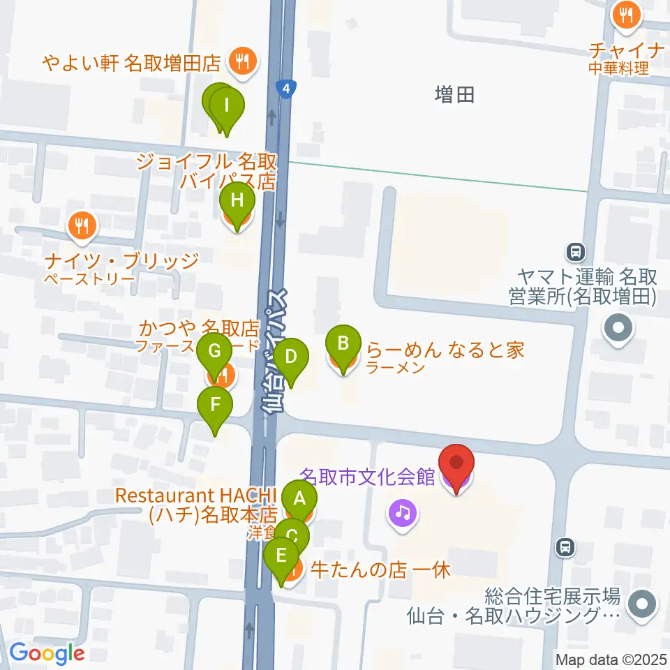 名取市文化会館周辺のファミレス・ファーストフード一覧地図