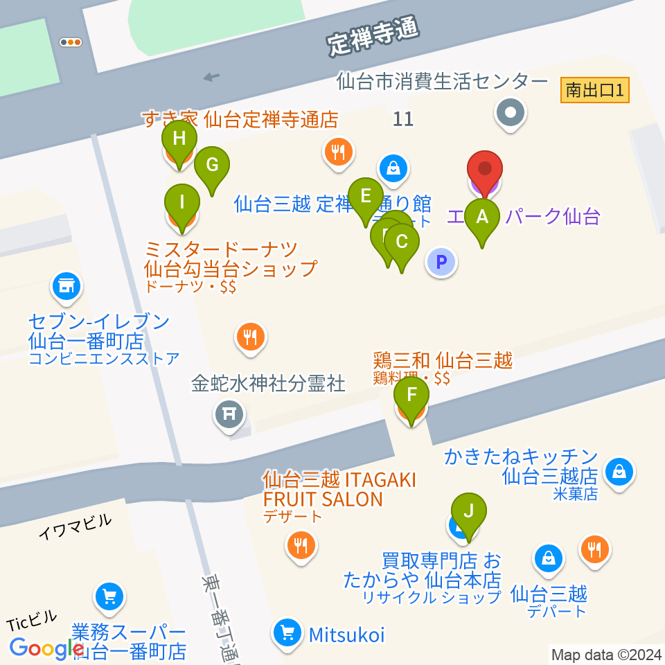 エル・パーク仙台周辺のファミレス・ファーストフード一覧地図