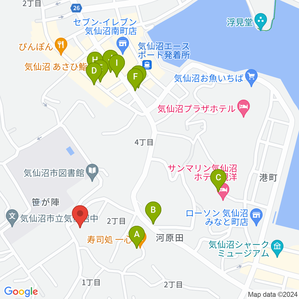 気仙沼市民会館周辺のファミレス・ファーストフード一覧地図