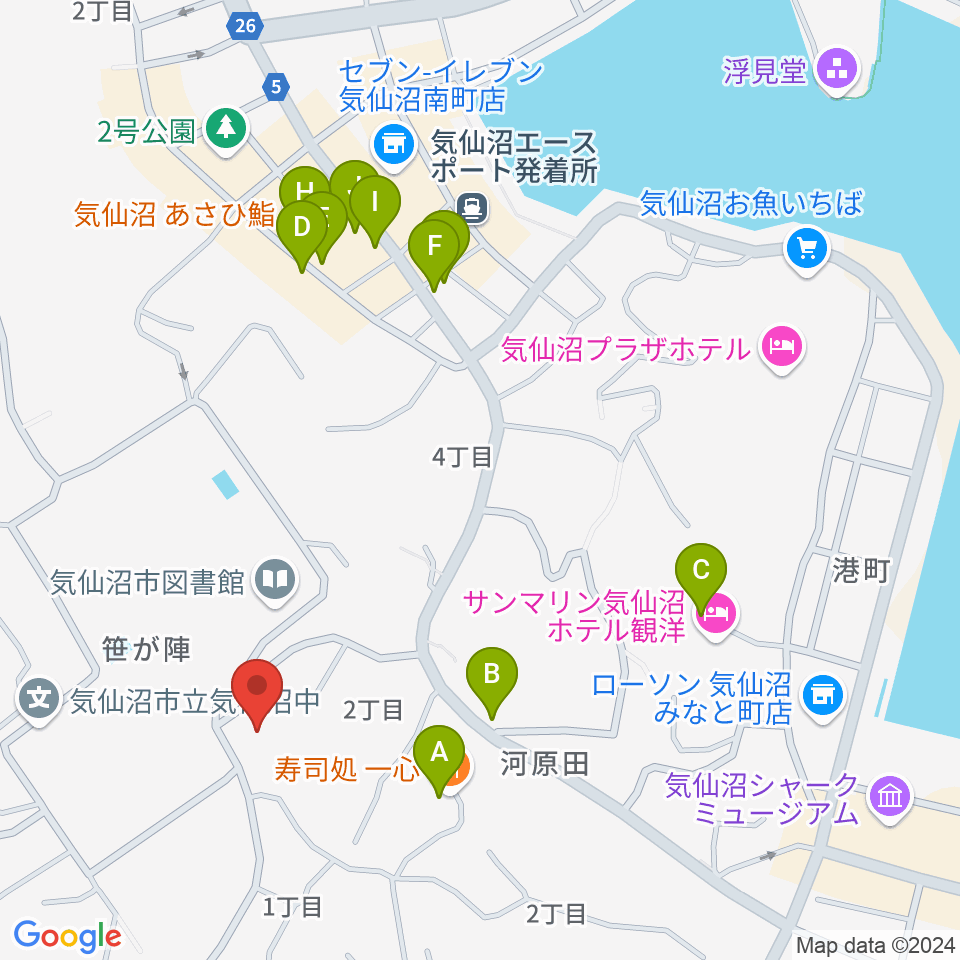 気仙沼市民会館周辺のファミレス・ファーストフード一覧地図