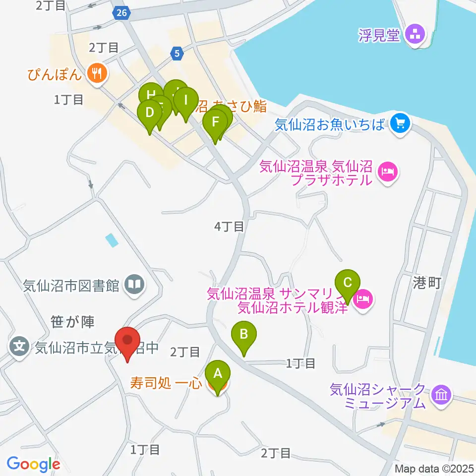 気仙沼市民会館周辺のファミレス・ファーストフード一覧地図