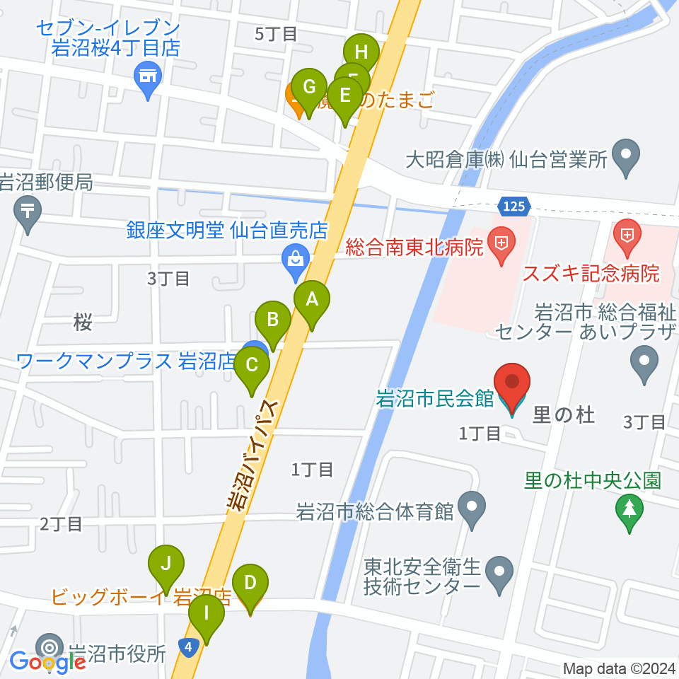 岩沼市民会館周辺のファミレス・ファーストフード一覧地図