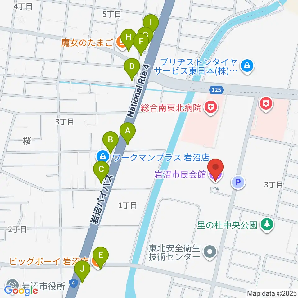 岩沼市民会館周辺のファミレス・ファーストフード一覧地図