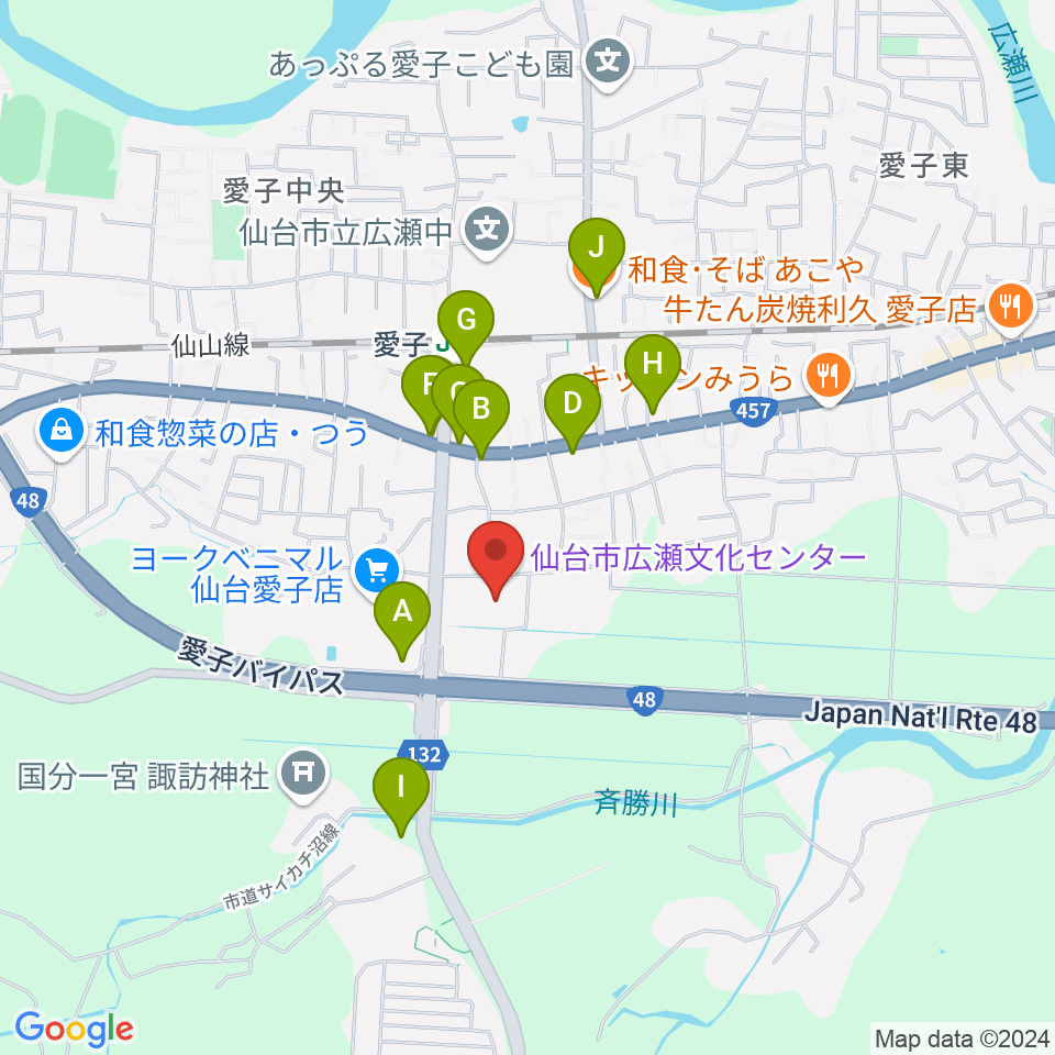 仙台市広瀬文化センター周辺のファミレス・ファーストフード一覧地図