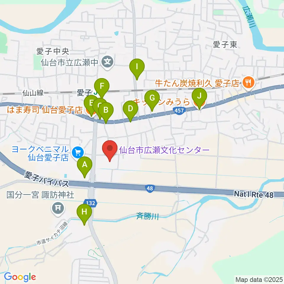 仙台市広瀬文化センター周辺のファミレス・ファーストフード一覧地図