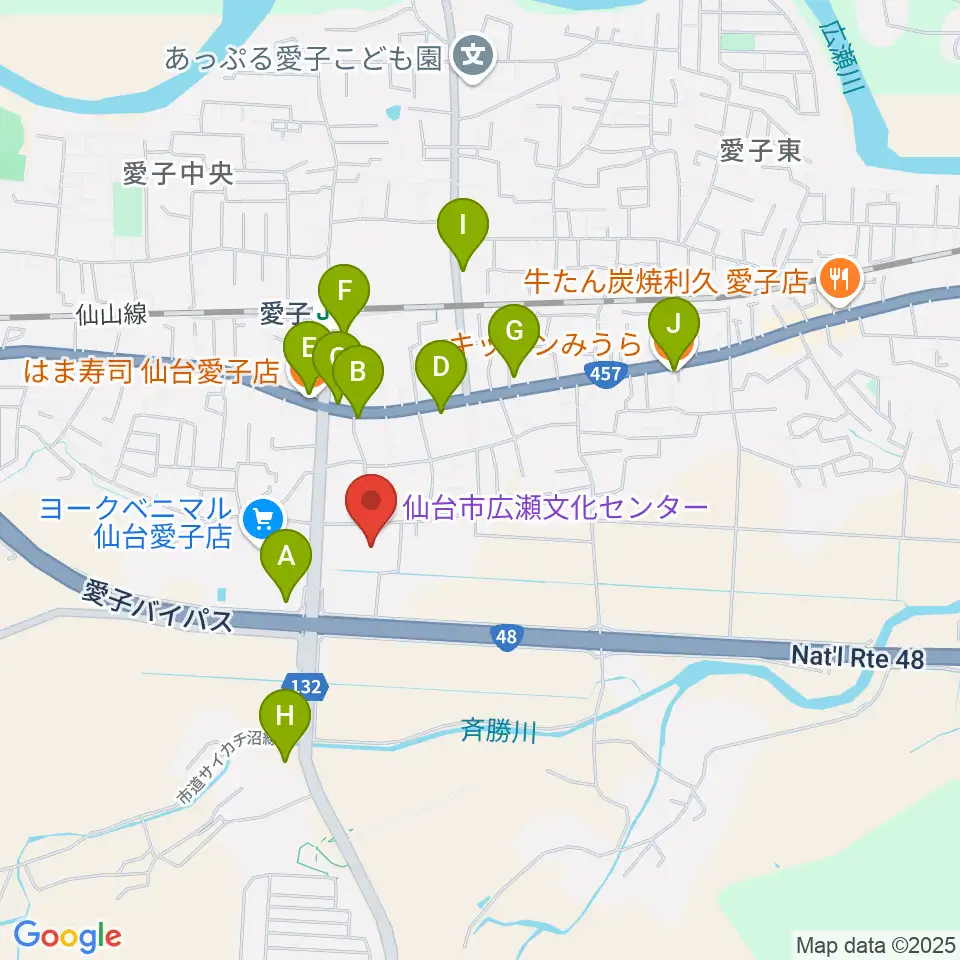 仙台市広瀬文化センター周辺のファミレス・ファーストフード一覧地図