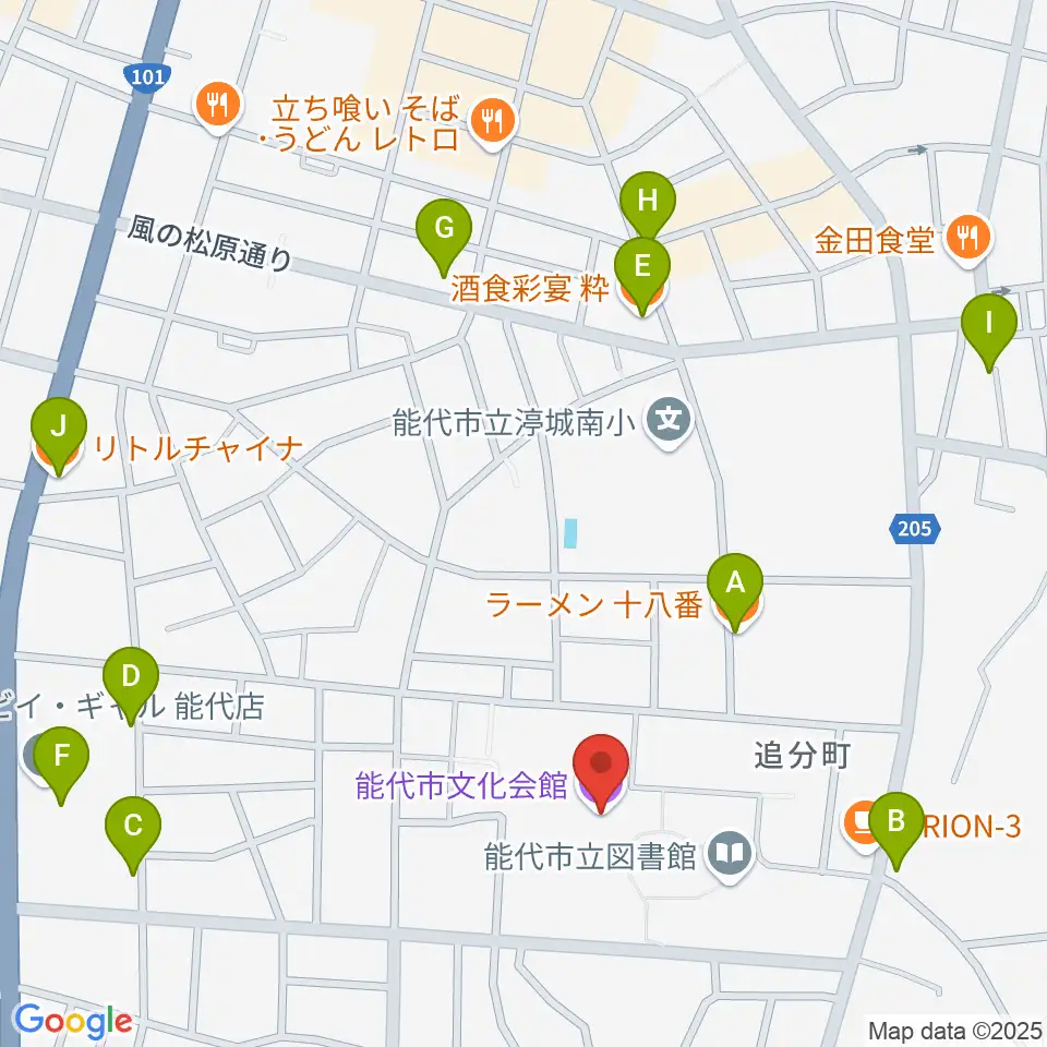 能代市文化会館周辺のファミレス・ファーストフード一覧地図
