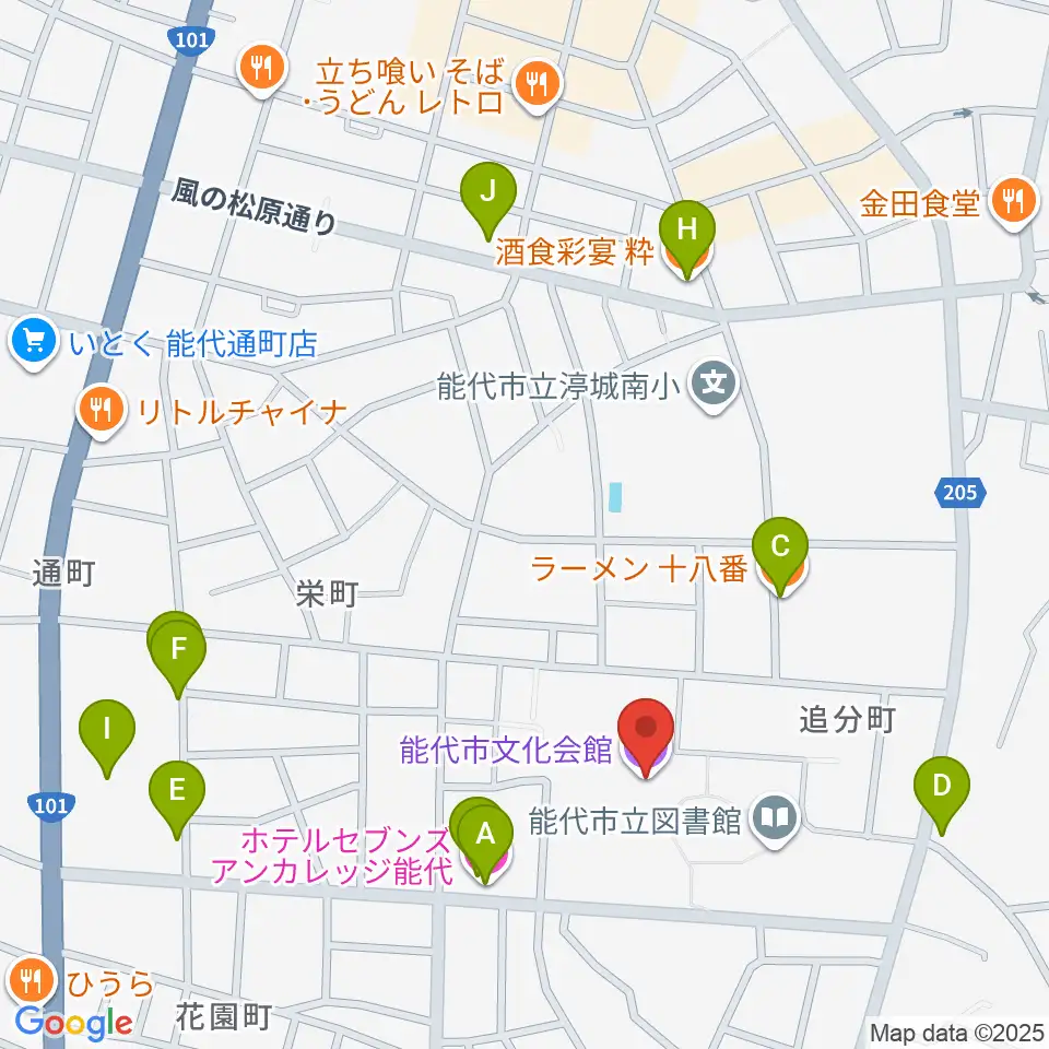 能代市文化会館周辺のファミレス・ファーストフード一覧地図
