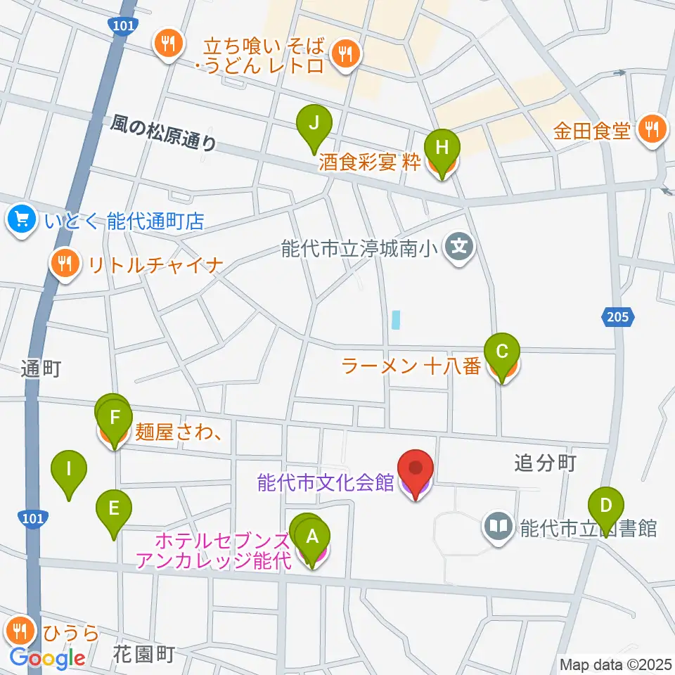 能代市文化会館周辺のファミレス・ファーストフード一覧地図