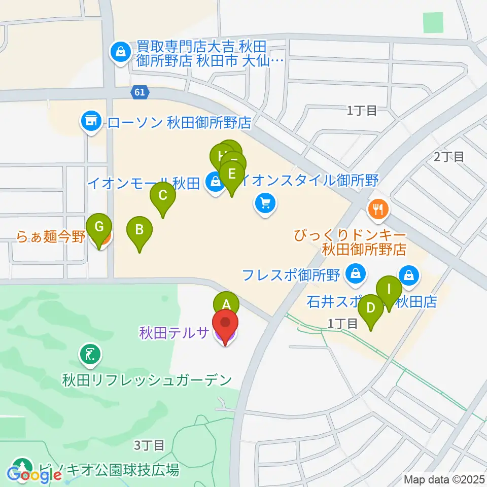 秋田テルサ周辺のファミレス・ファーストフード一覧地図
