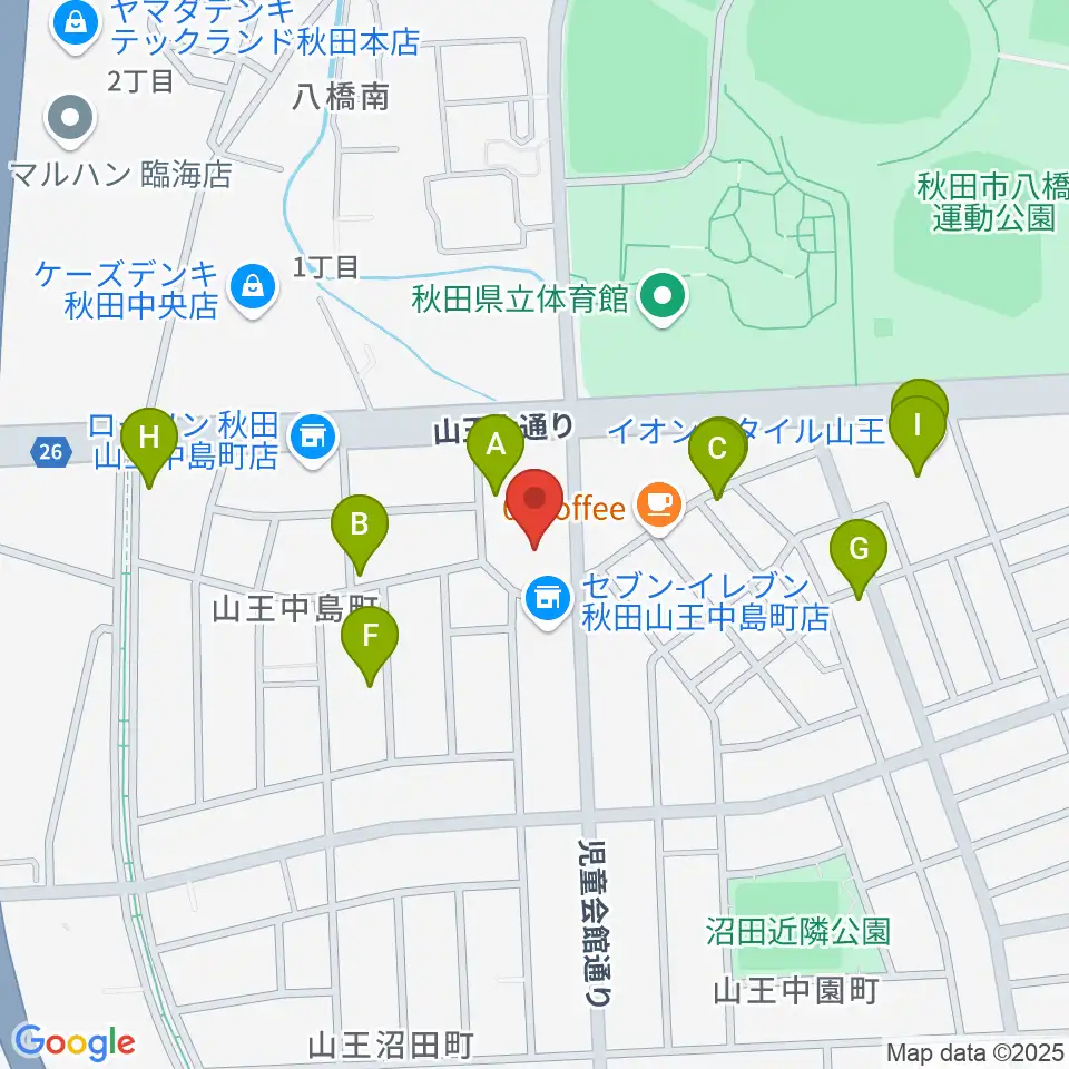 秋田県児童会館周辺のファミレス・ファーストフード一覧地図