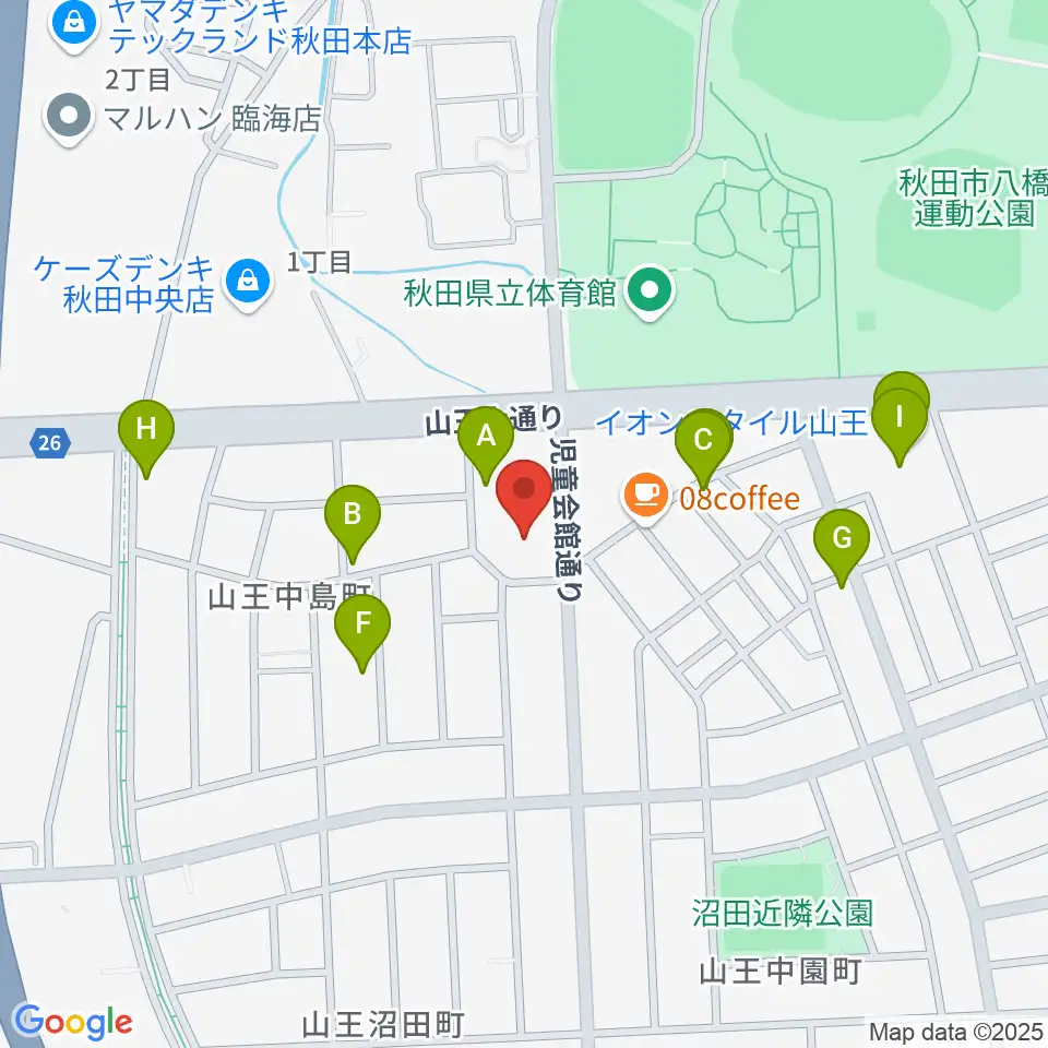 秋田県児童会館周辺のファミレス・ファーストフード一覧地図