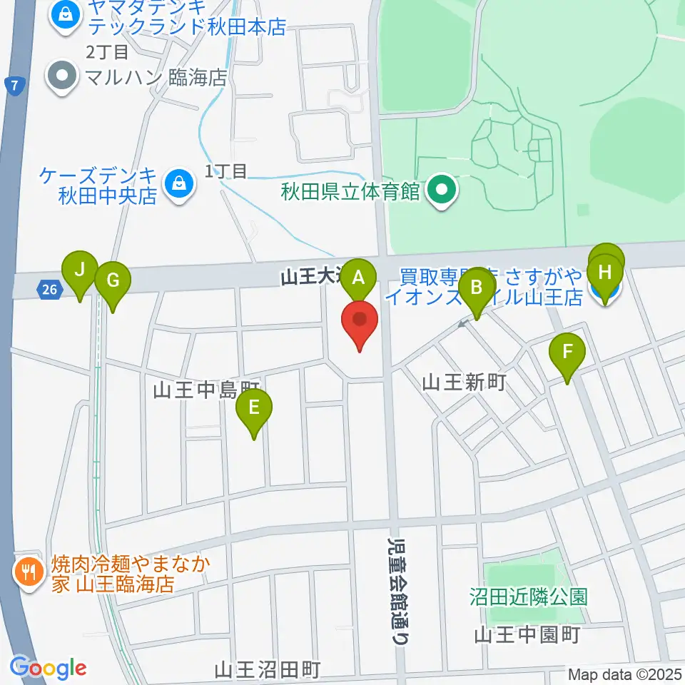 秋田県児童会館周辺のファミレス・ファーストフード一覧地図