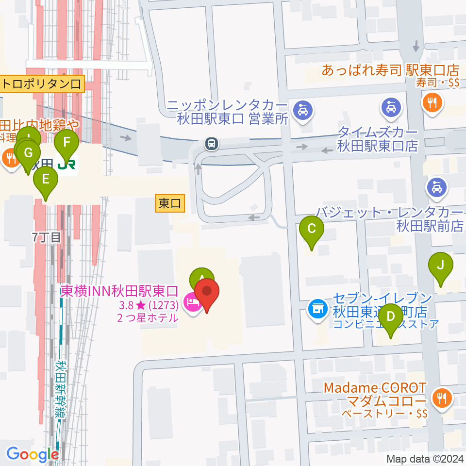 秋田拠点センターアルヴェ周辺のファミレス・ファーストフード一覧地図