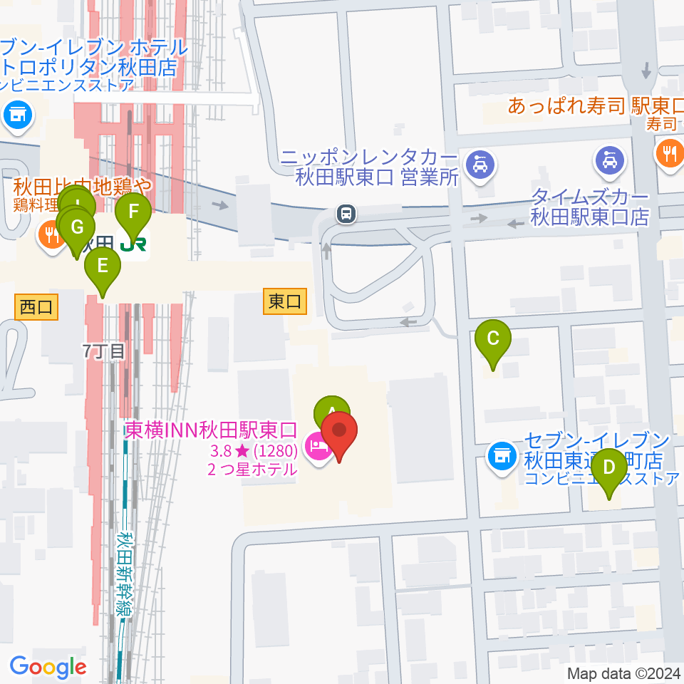 秋田拠点センターアルヴェ周辺のファミレス・ファーストフード一覧地図