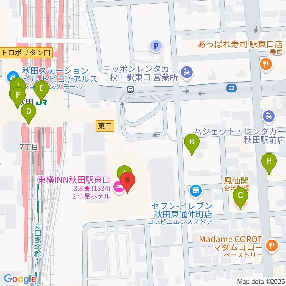 秋田拠点センターアルヴェ周辺のファミレス・ファーストフード一覧地図