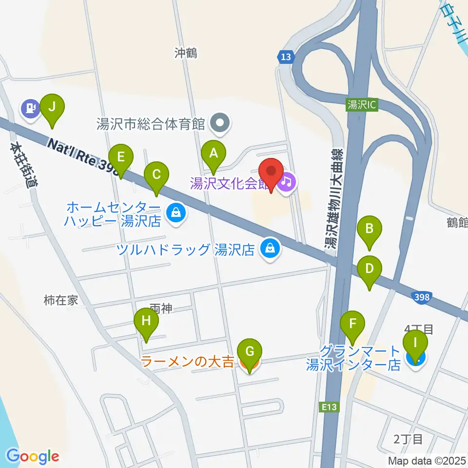 湯沢文化会館周辺のファミレス・ファーストフード一覧地図