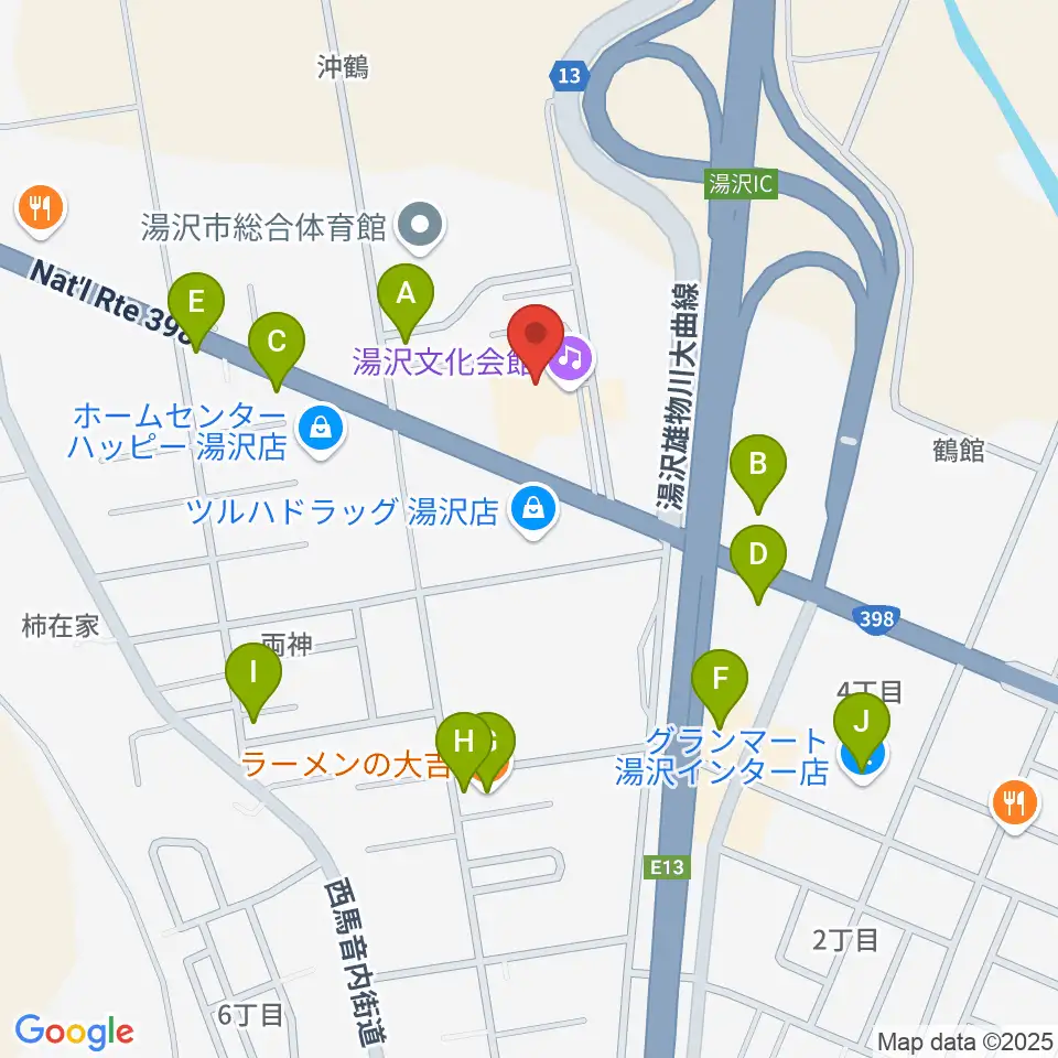 湯沢文化会館周辺のファミレス・ファーストフード一覧地図