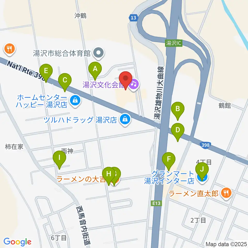 湯沢文化会館周辺のファミレス・ファーストフード一覧地図
