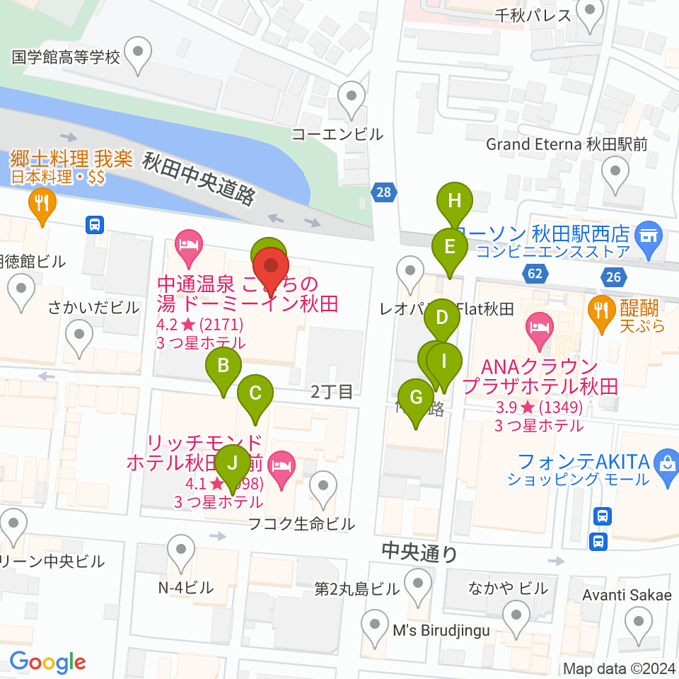 秋田アトリオン周辺のファミレス・ファーストフード一覧地図