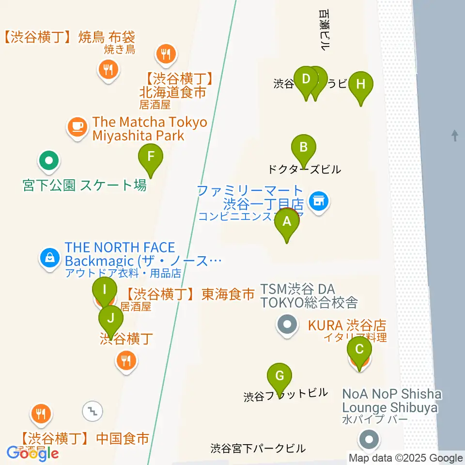 渋谷マトリクススタジオ周辺のファミレス・ファーストフード一覧地図