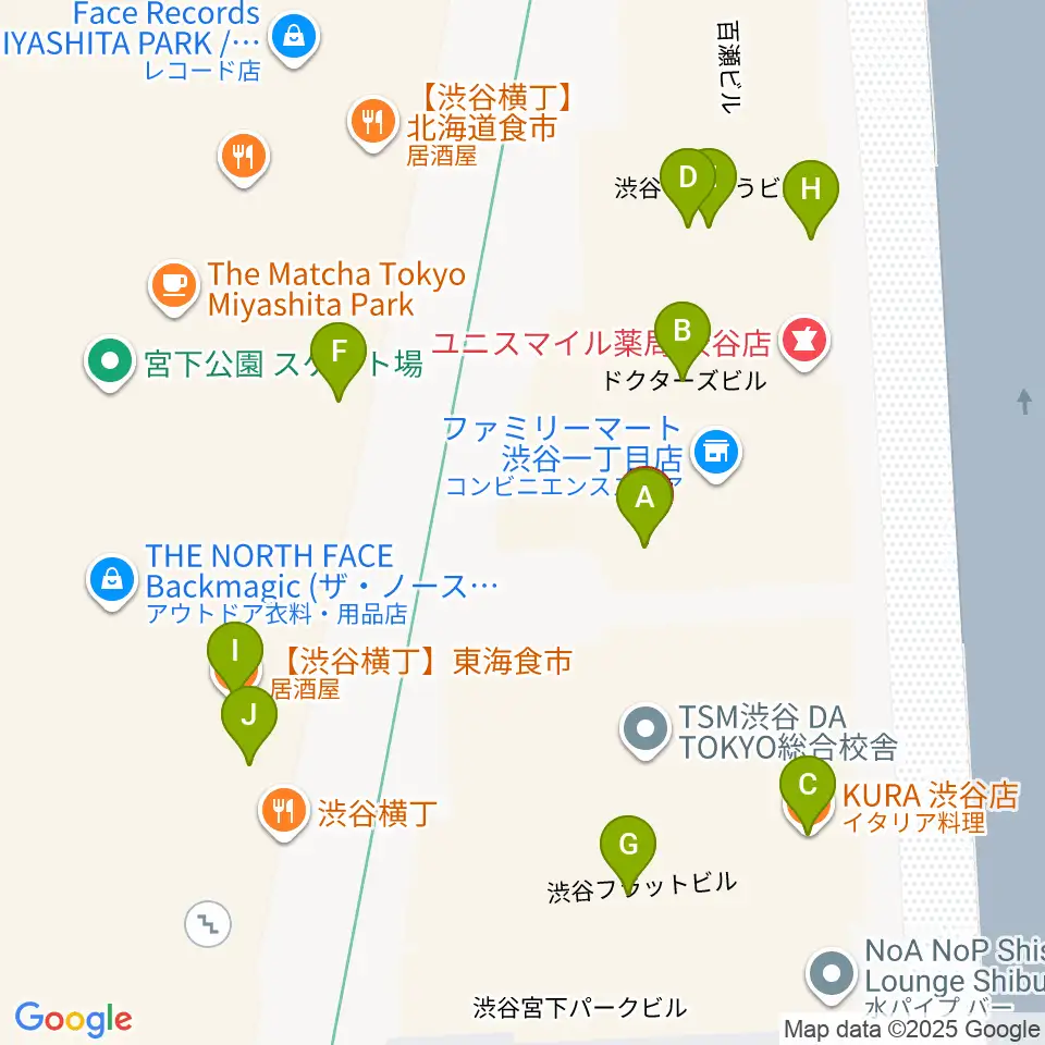 渋谷マトリクススタジオ周辺のファミレス・ファーストフード一覧地図