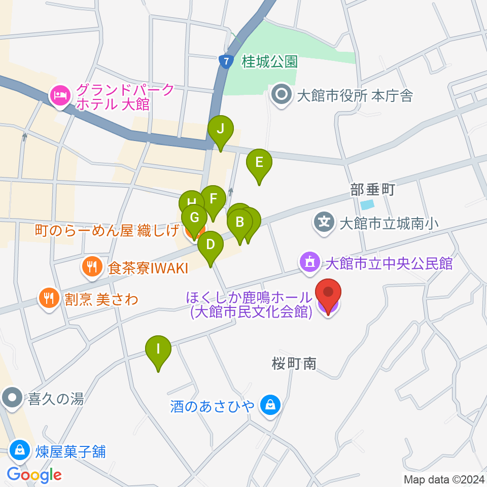 ほくしか鹿鳴ホール周辺のファミレス・ファーストフード一覧地図