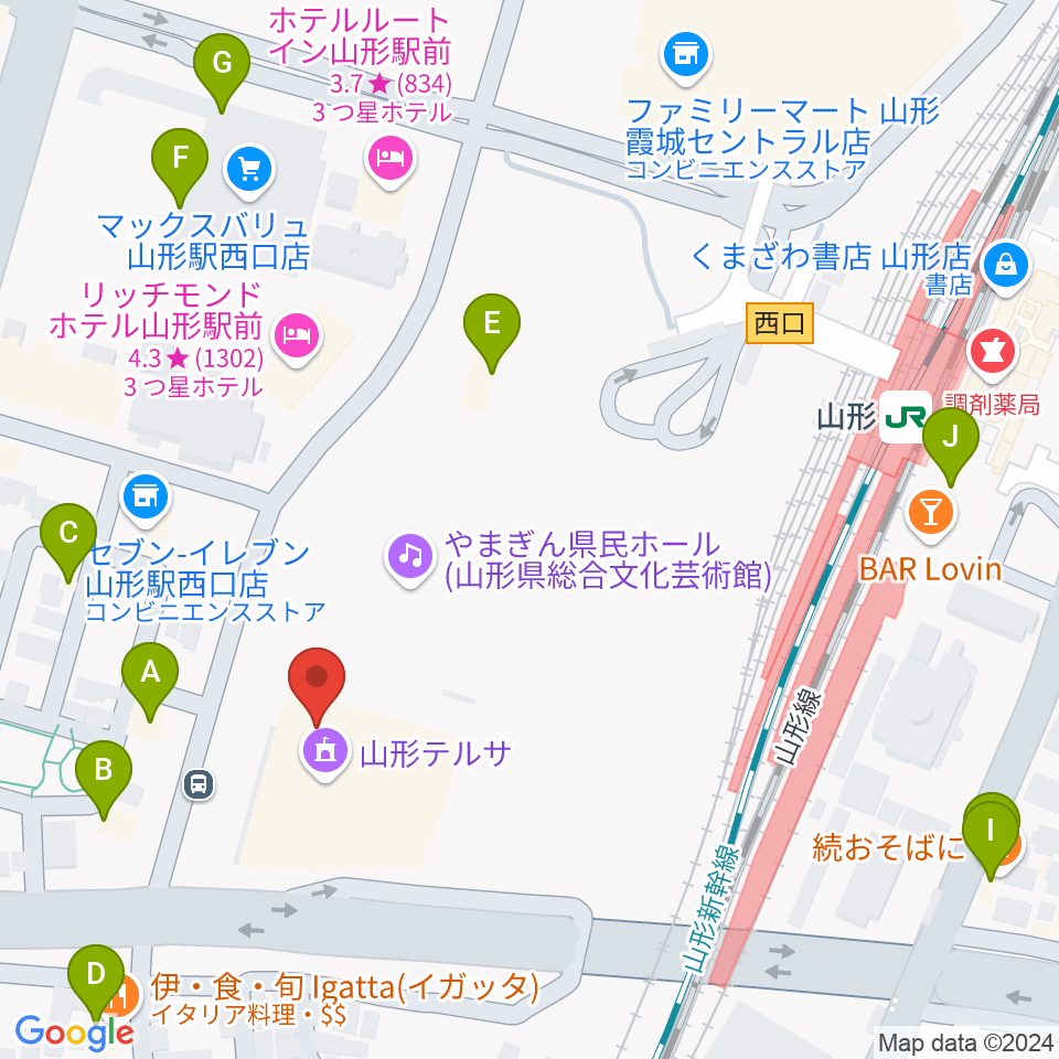 山形テルサホール周辺のファミレス・ファーストフード一覧地図