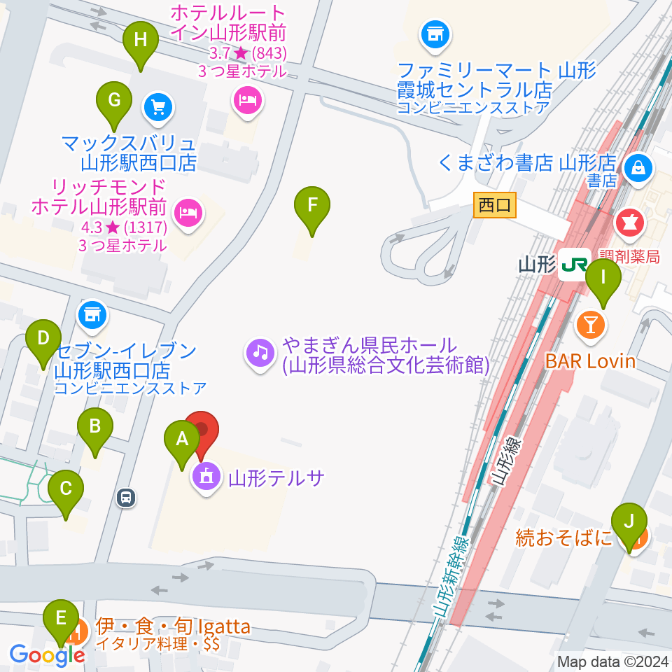 山形テルサホール周辺のファミレス・ファーストフード一覧地図