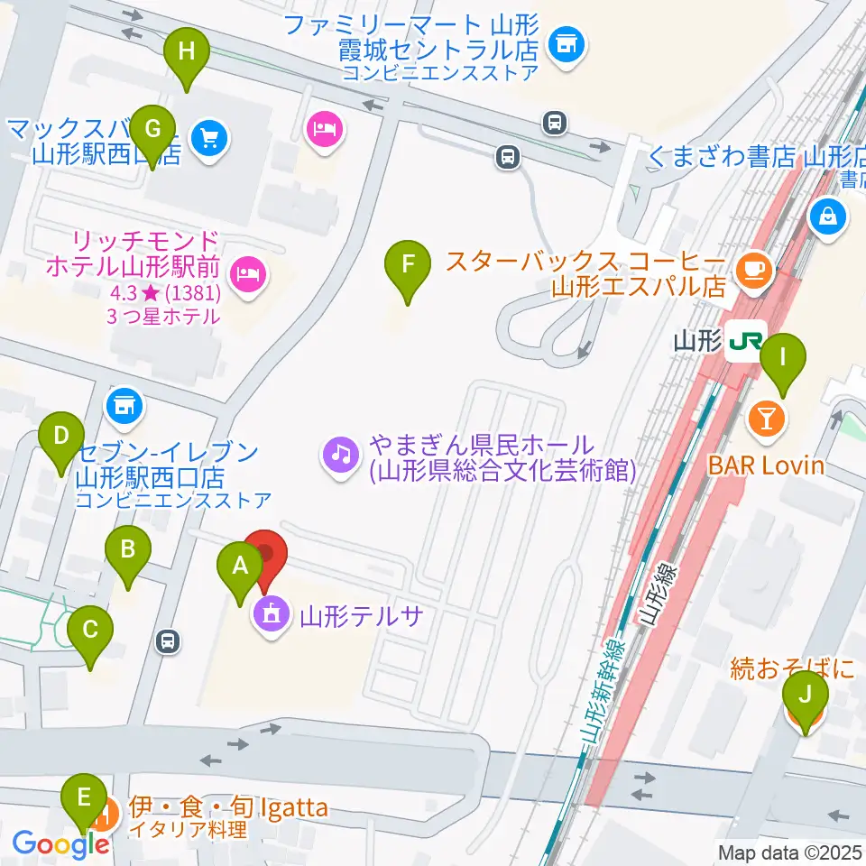山形テルサホール周辺のファミレス・ファーストフード一覧地図