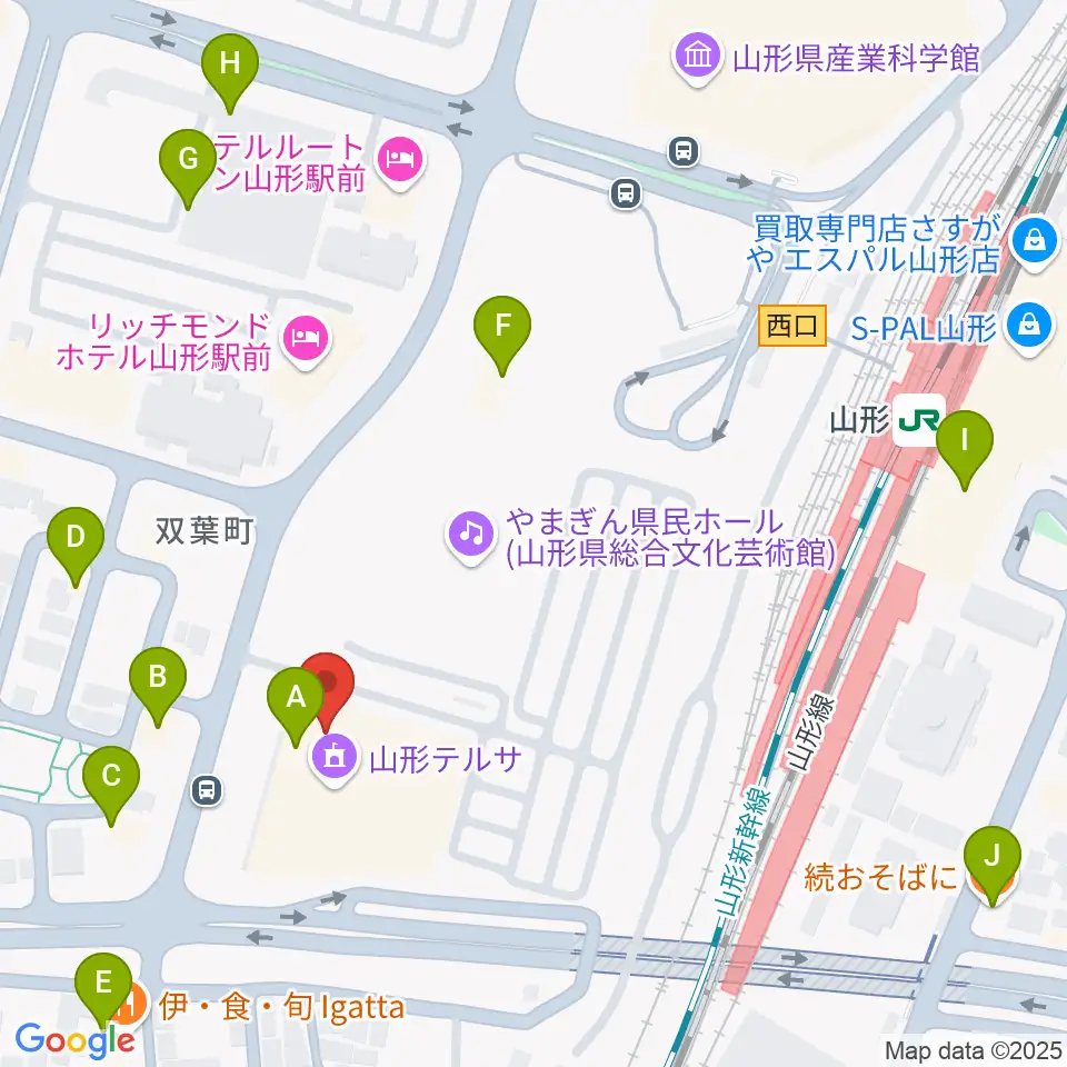 山形テルサホール周辺のファミレス・ファーストフード一覧地図