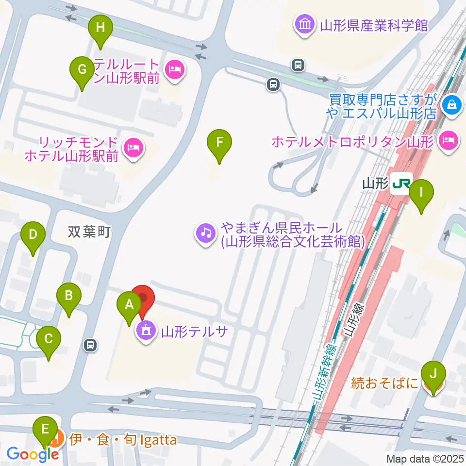 山形テルサホール周辺のファミレス・ファーストフード一覧地図
