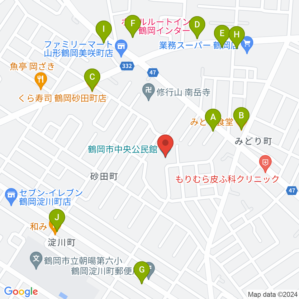 鶴岡市中央公民館周辺のファミレス・ファーストフード一覧地図